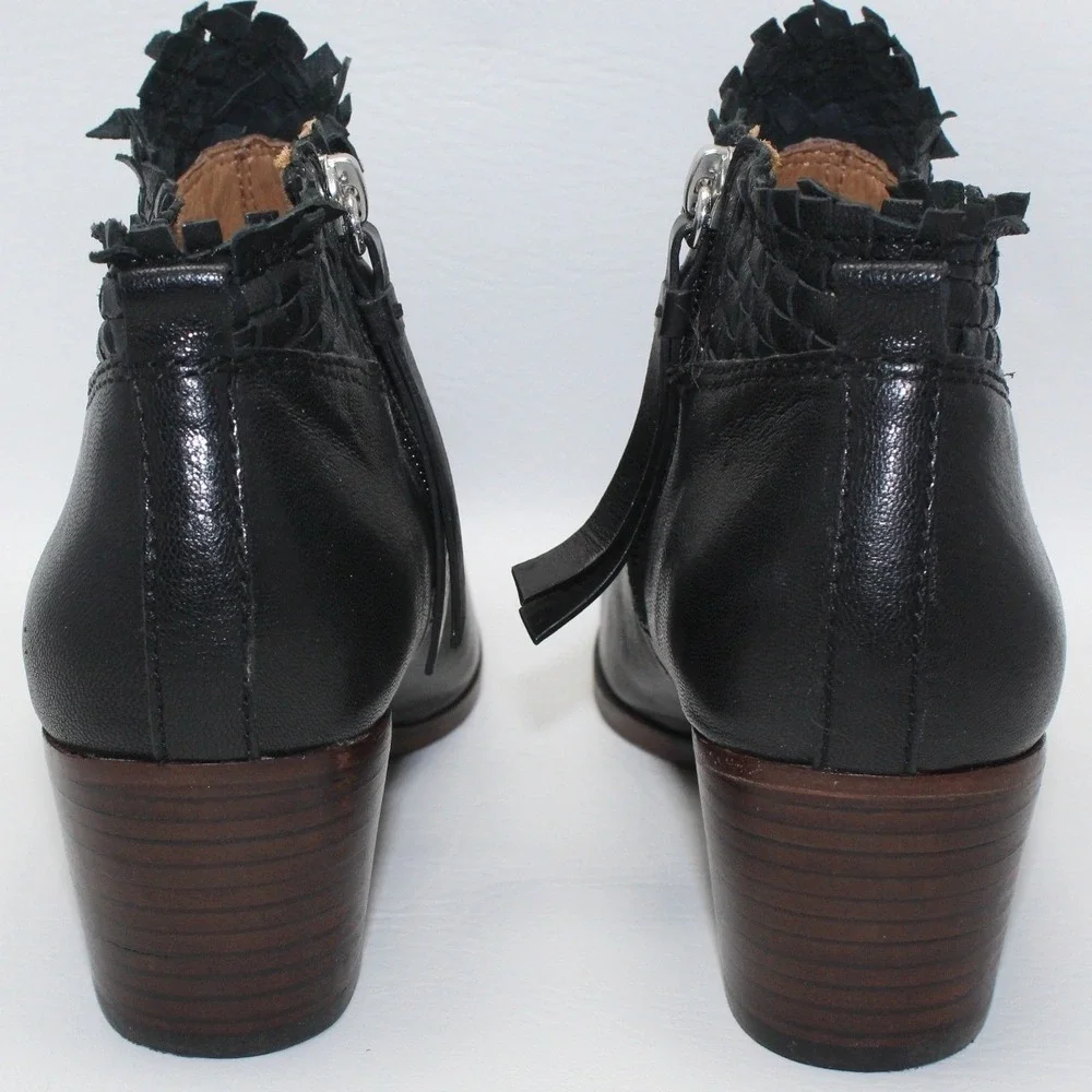 COACH Ryer Black Leather Woven Fringe Ankle Boots - Size 7.5 B -‎ Excellent